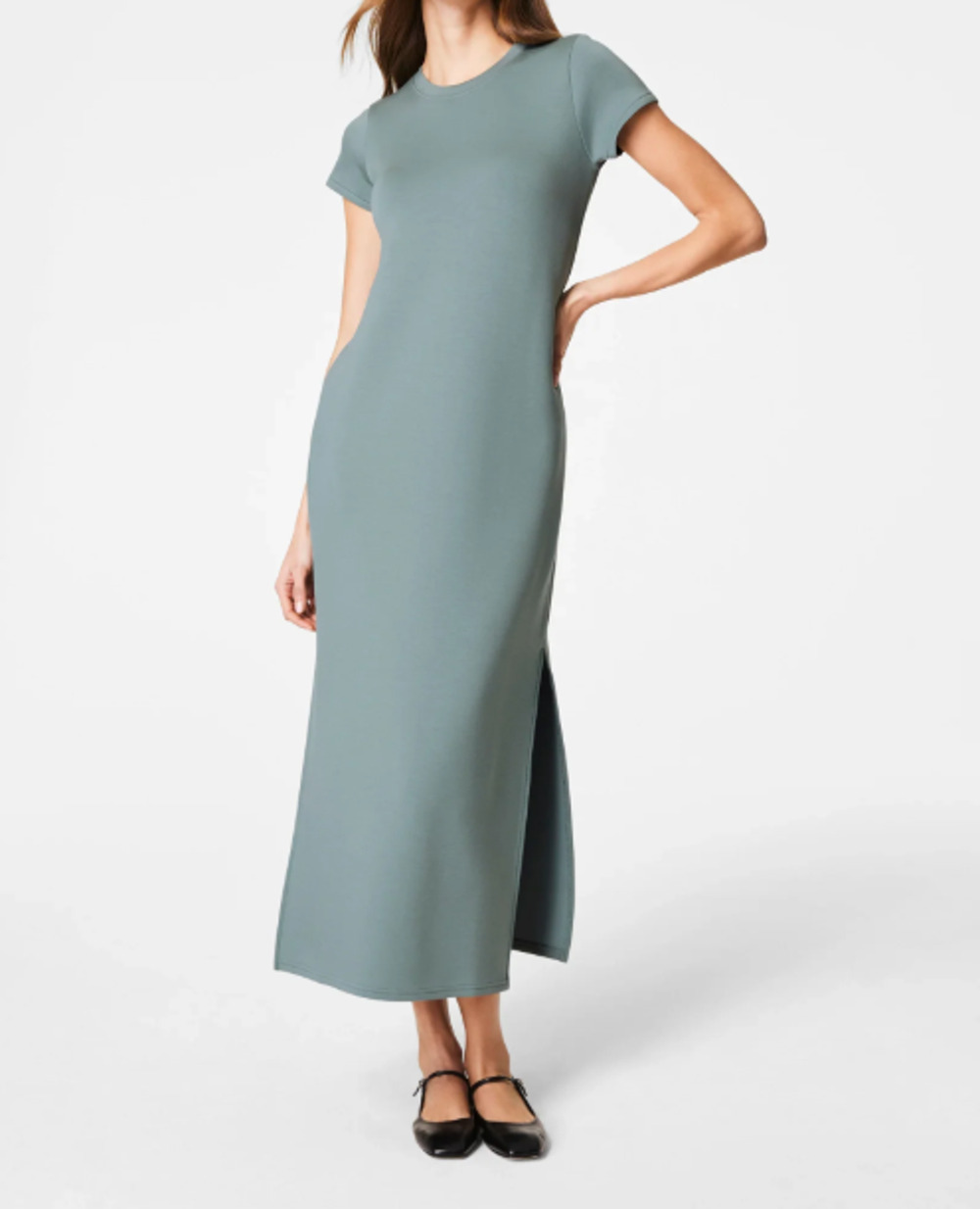 Spanx Women's Sz L Dress AirEssential Maxi Fennel Green Short Sleeve Minimalist